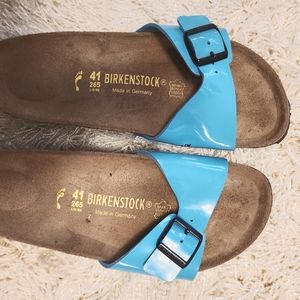 BIRKENSTOCK, Madrid style.  Patent turquoise. Ladies size 10. Men's 8